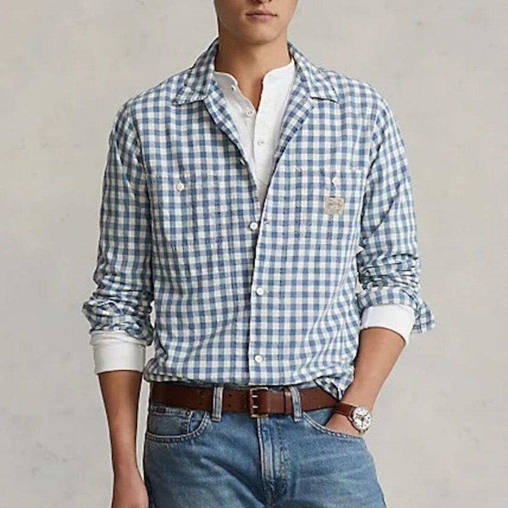 Polo Ralph Lauren Country Button Up Workwear Shirt Check Plaid Blue Mens Size L